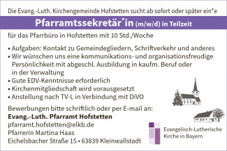 Stellenanzeige Sekretär Sekretärin 10 Stunden Kirchengemeinde Hofstetten